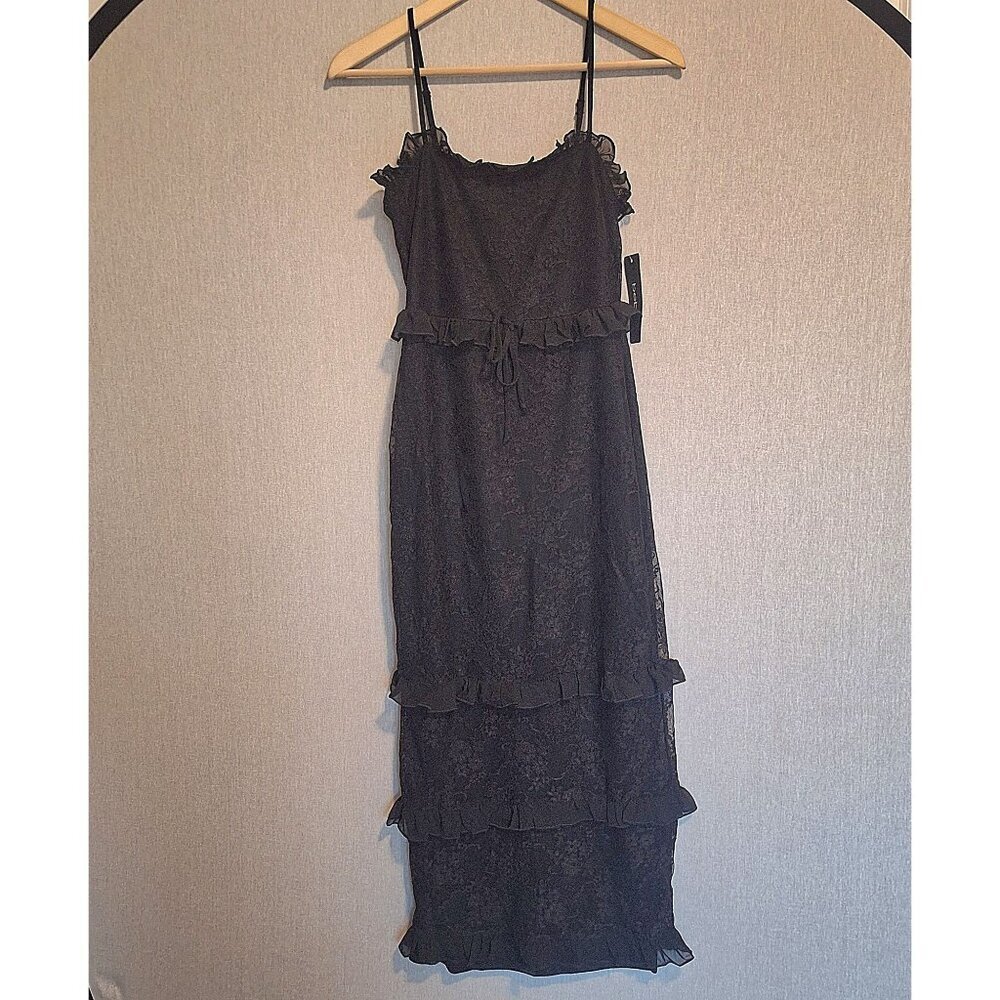 NWT Bebe Black Lace Ruffle Maxi Dress Size XS Formal Festive Goth Whimsigoth Gru